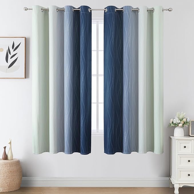 Navy Blue and Sage Green Ombre Blackout Curtains 63 Inch Length 2 Panels - Image 2