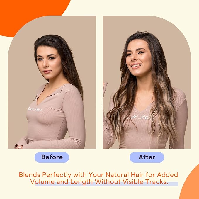 Full Shine Hair Extensions Tape in 50 Grams 16 Inch Color 2 Fading to 8 Brown and 27 Blonde Straight Natural Seamless Skin Weft Remy Tape Ins Human Hair Extensions 20PCS Soft and Silky Add Volume