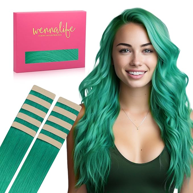 WENNALIFE Green Tape in Hair Extensions, 10pcs 20g 12 inch Remy Invisible Tape Ins Straight Colored Soft Real Human Hair Tape in Extensions Refill Set Extensions