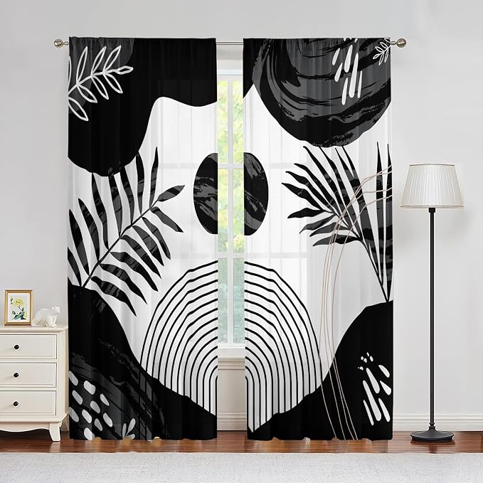 Boho Mid Century Black and White Living Room Curtains, 84 Inch Modern Arch Sun - Image 7
