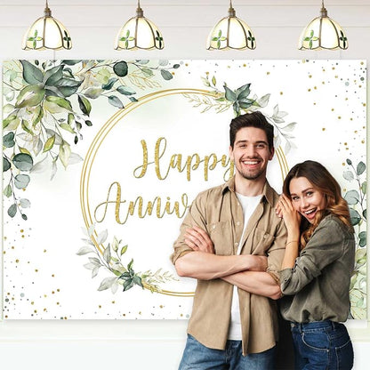 8x6ft Happy Anniversary Backdrop Sage Green Eucalyptus Wedding Anniversary - Image 5