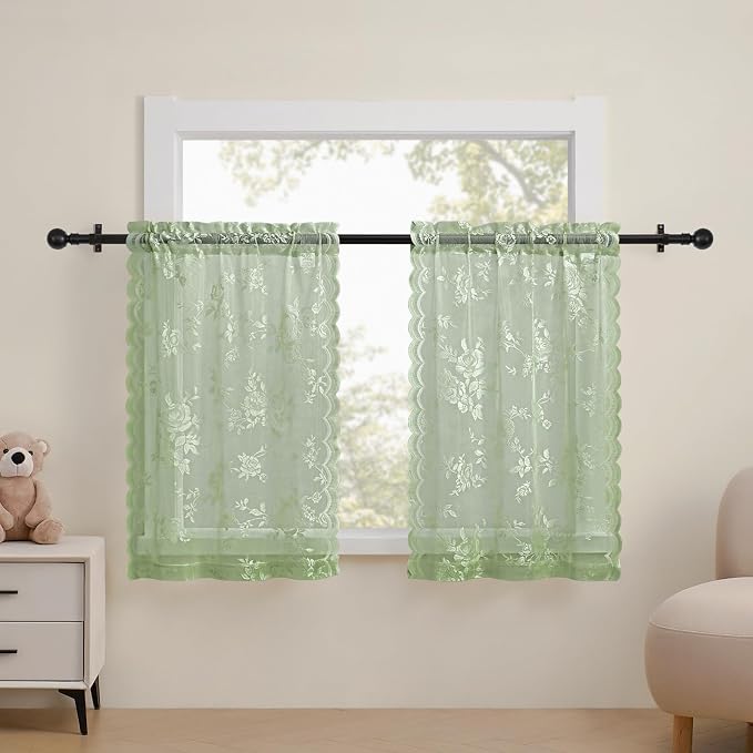 Sage Green Lace Cafe Curtains 24 Inch Length 2 Panels set Country Floral Sheer by SEEKRIGHTHomeDecor