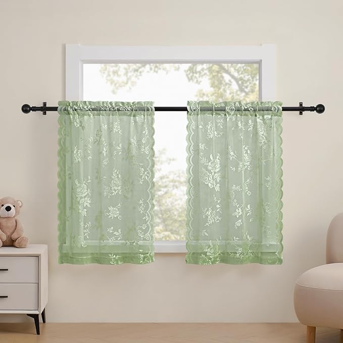 Sage Kitchen Curtains 30 Inch Length Rod Pocket Light Filtering Sheer Lace Cafe by SEEKRIGHTHomeDecor