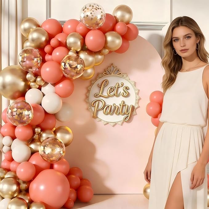 Coral Red White Gold Balloon Garland Arch Kit - Image 4