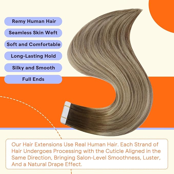 Full Shine Tape Hair Extensions Real Human Hair Balayage Color 3 Dark Brown Fading to 8 Ash Brown Highlight 22 Blonde Tape in Hair Extensions Real Human Hair Tape Ins 14 Inch 50G 20pcs for Wedding