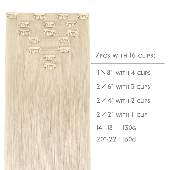 WENNALIFE Seamless Clip In Hair Extensions Human Hair, 16 Inch 130g 7pcs Platinum Blonde Real Hair Extensions Clip in Human Hair Invisible PU Skin Weft Natural Remy Human Hair Extensions