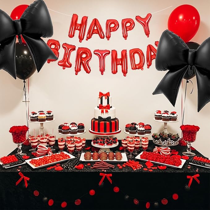 Vuzvuv Black Happy Birthday Balloons, 38 Inches Huge Red Bow Aluminum Foil - Image 5