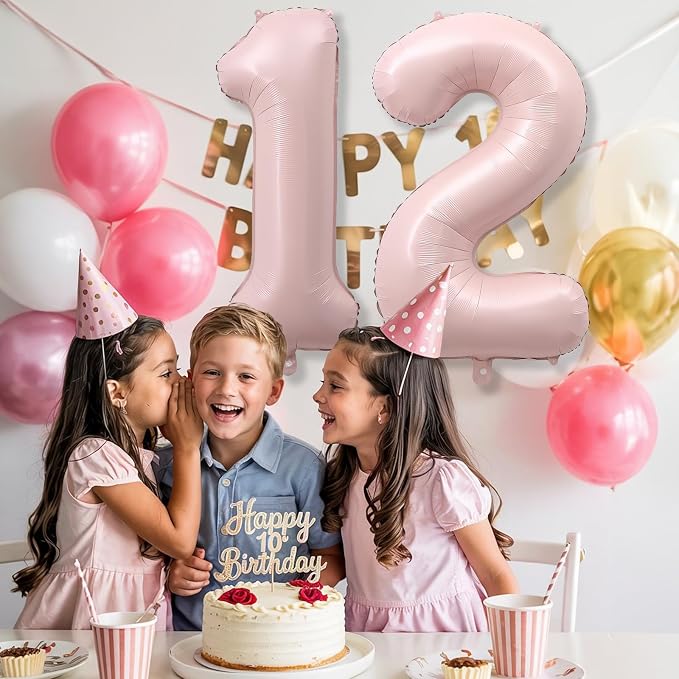 Pastel Pink 12 Balloons Number for Girls, Big Light Blush Pink Foil 1 & 2 - Image 6