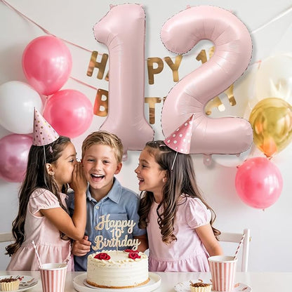 Pastel Pink 12 Balloons Number for Girls, Big Light Blush Pink Foil 1 & 2 - Image 6