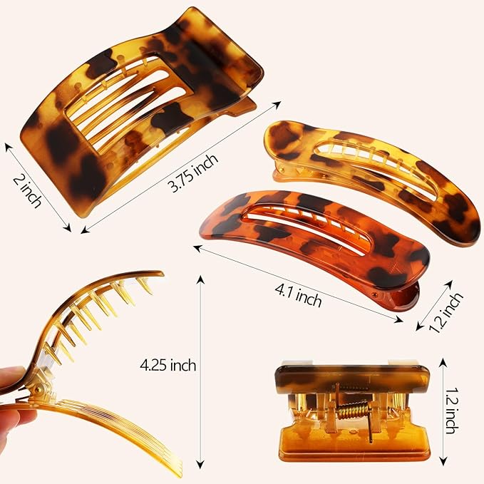 Velscrun Flat Hair Clips for Women Girls, 2 Styles 8 Pcs Lay Flat Claw Clips, Strong Hold French Duck Billed Large Side Hair Jaw Clip for All Hair Types, Fashion Trendy Hair Accessories Leopard