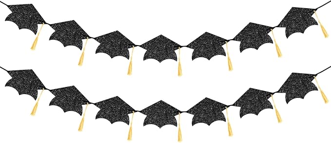 jijAcraft Black Graduation Cap Banner, Double-Sided Glitter Grad Garland by jijAcraft