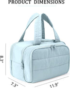 Travel Toiletry Bag for Women, Large Wide-open Puffy Cosmetic Makeup Bag with Wet-Dry Separation, Multi-Pocket Organizer with Carry Handle for Toiletries, Cosmetics, Essentials, Light Blue