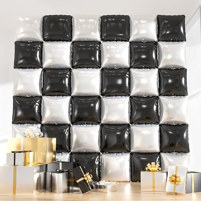 36pcs Double-Sided Black & White Checkered Foil Balloons Backdrop Wall Kit – by ZizasAry