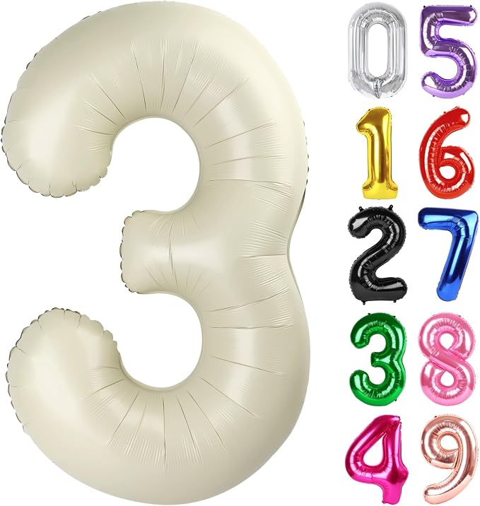 Cream Number 3 Balloon 40 Inch, 3rd Birthday Party Decorations Men Women | Foil by IWERP