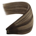 YoungSee Weft Hair Extensions Balayage Dark Brown Mix Caramel Blonde Human Hair Sew in Extensions Ombre Hand Tied Weft Hair Extensions Human Hair 22Inch 100G