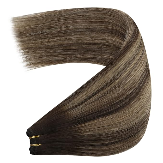 YoungSee Weft Hair Extensions Balayage Dark Brown Mix Caramel Blonde Human Hair Sew in Extensions Ombre Hand Tied Weft Hair Extensions Human Hair 22Inch 100G