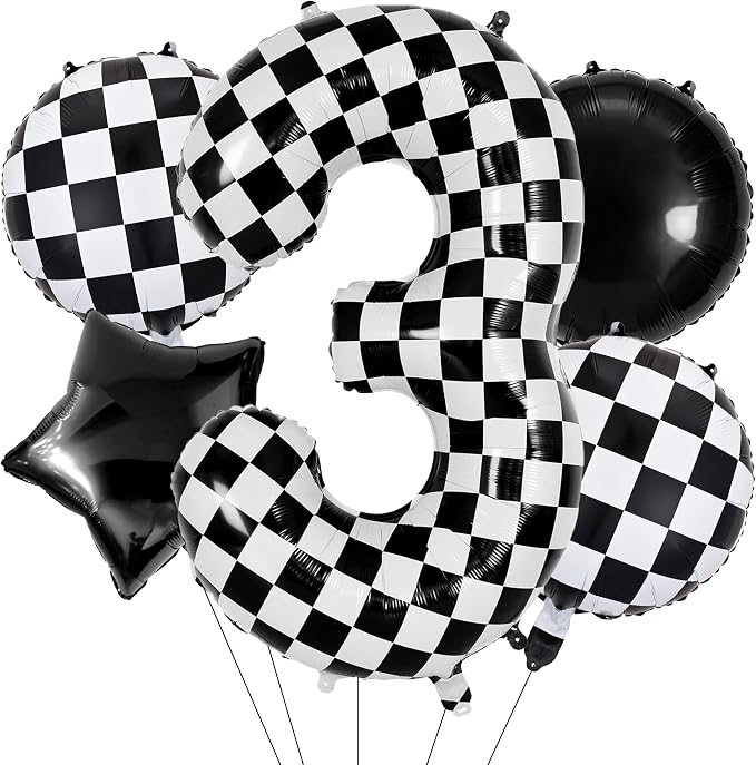 40 Inch Checkered Number 3 Balloon, Kids Boys Racing Theme Party Supplies by HTangparty