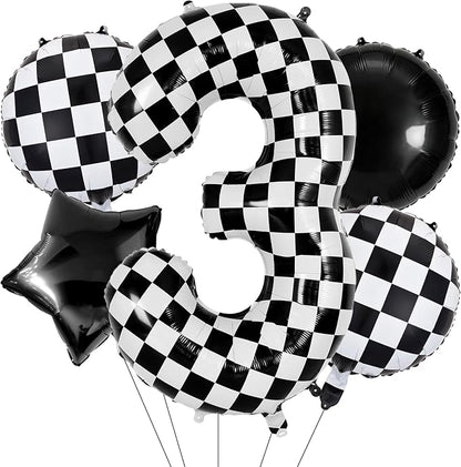 40 Inch Checkered Number 3 Balloon, Kids Boys Racing Theme Party Supplies by HTangparty