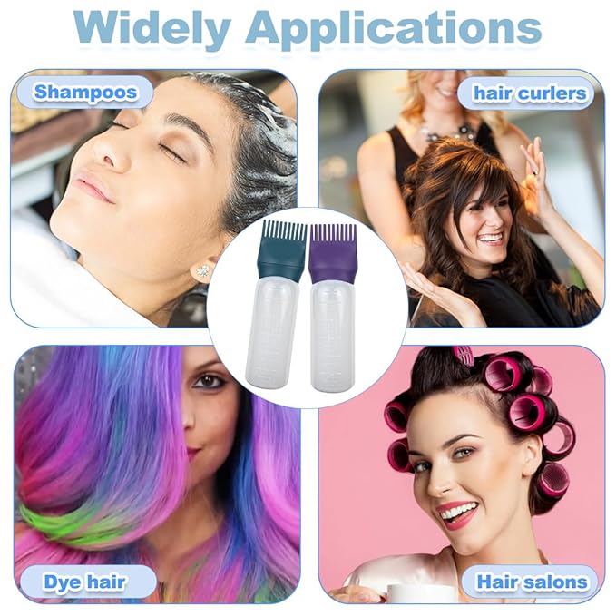 ELANE 4 Pack Root Comb Applicator Bottle,Oil Comb Applicator for Hair Dye,Salons (Purple+Grey+Red+Green)