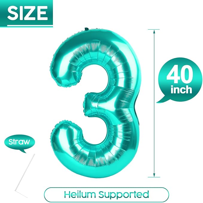 3 Balloon - Teal Birthday Number Balloons, 40 Inch Decorations Men Women | Teal - Image 5