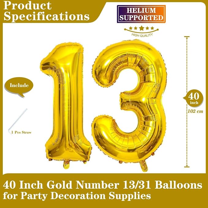 Gold 13 Number Balloons, 40 Inch Giant Number 13 Balloons Foil Mylar Helium - Image 2