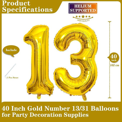 Gold 13 Number Balloons, 40 Inch Giant Number 13 Balloons Foil Mylar Helium - Image 2