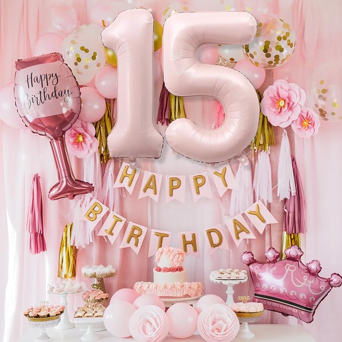 Foil 15 Balloon, Dusty Light Blush Pink Big Number 15 Balloons - Image 6