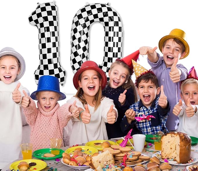 40 Inch Checkered Number 10 Balloon, Large Black and White Foil Number Balloon - Image 2