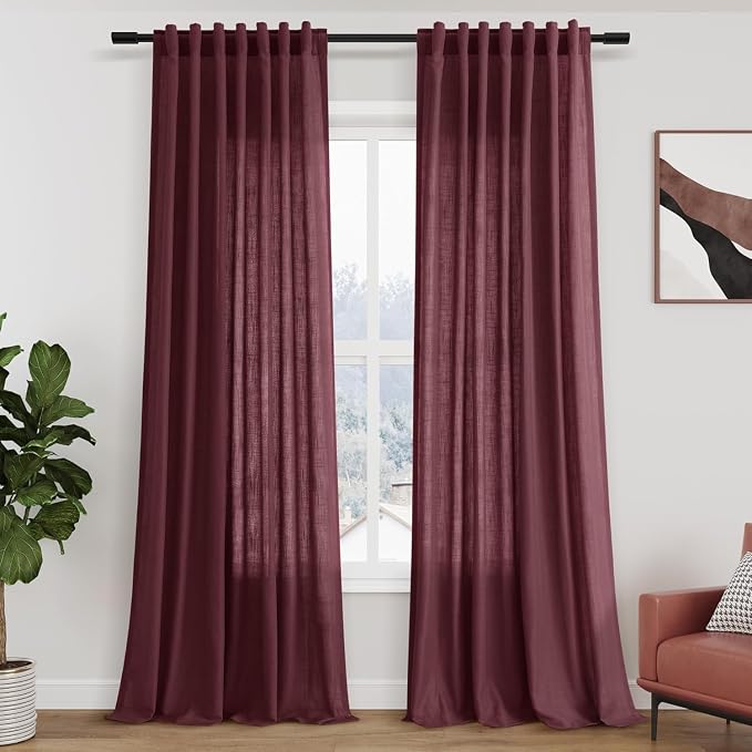 Burgundy Linen 112 Inch Curtains by Nanspring