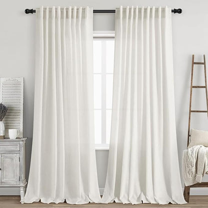 Beige White Curtains Linen for Living Room 90 Inches Long Back Tab and Rod by Nanspring