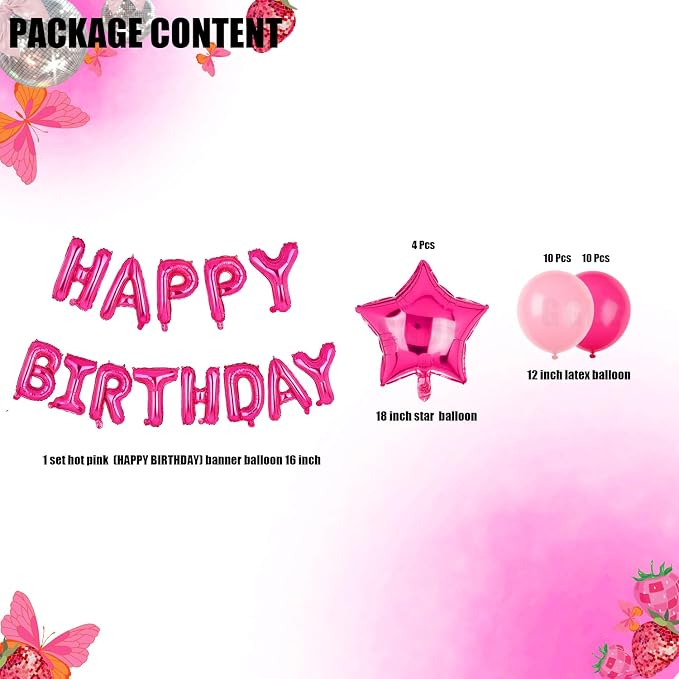 Happy Birthday Balloon Banner Hot Pink Star Balloons Pink Themed 25 Pcs | 16 - Image 2