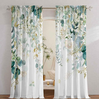 Gold Green Curtains 84 Inches Long Sage Green Leaves Light Filtering Curtain - Image 2