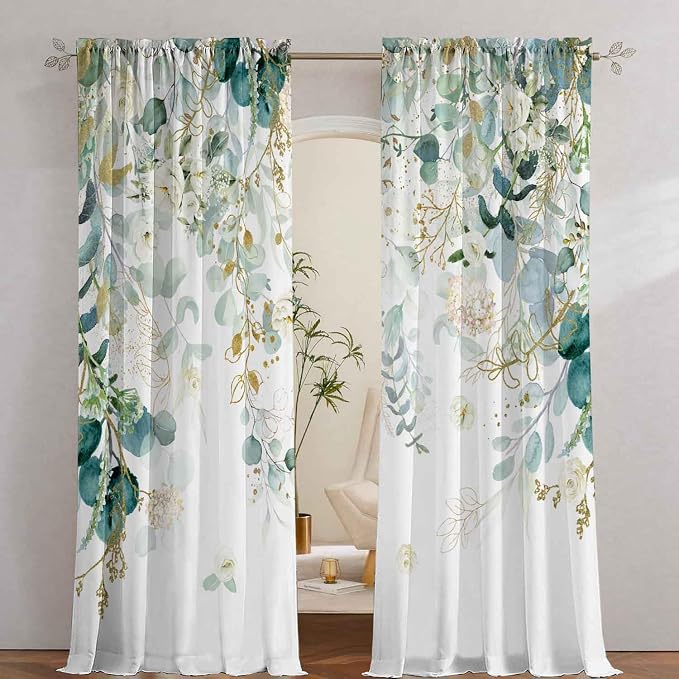 Gold Green Botanical Curtains 96 Inches Long by GOLDLAWN