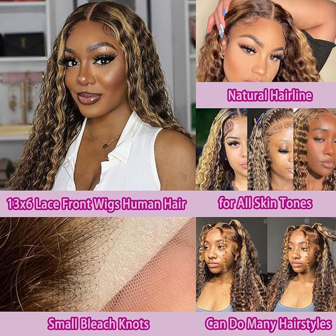 Highlight Ombre 13x6 Deep Wave Transparent Lace Front Wigs Human Hair P4/27 Highlight Curly Wig 210% Density HD Lace Frontal Wigs Glueless Wigs Human Hair Pre Plucked with Baby Hair 20 Inch