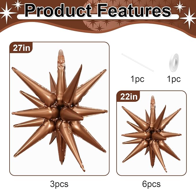 9Pcs Brown Star Balloons, Large Explosion Star Foil Balloons, Neutral Tan Mylar - Image 2