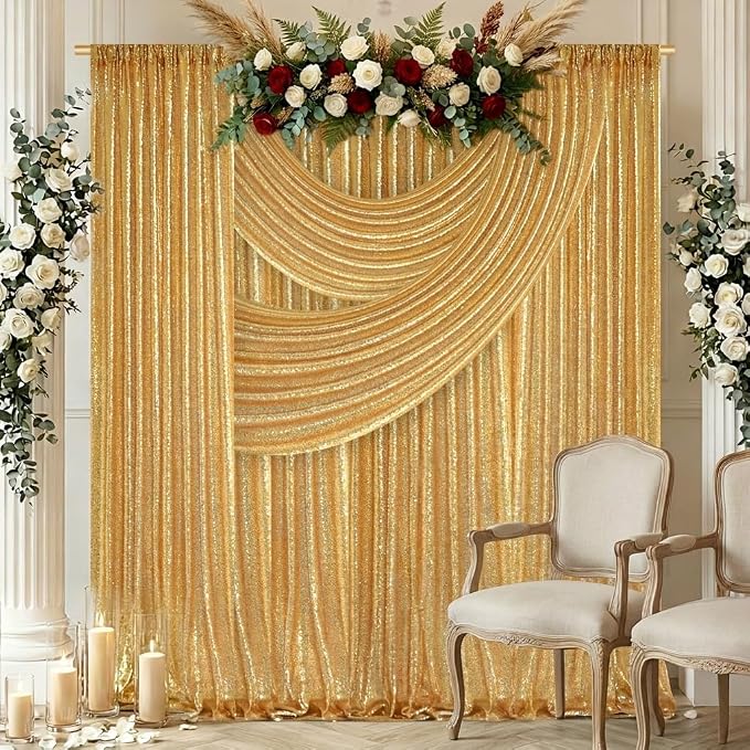 Gold Sequin Backdrop Curtain Panels Stage 2 Pieces 2FTx8FT Sheer Gold Curtains - Image 7