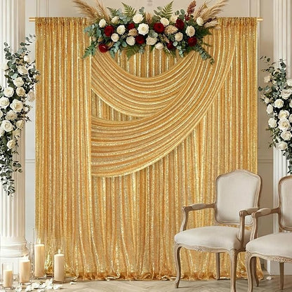 Gold Sequin Backdrop Curtain Panels Stage 2 Pieces 2FTx8FT Sheer Gold Curtains - Image 7