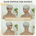 QUEENTAS Grey Hair Toppers for Women with Thinning Hair 360°3D Cover with 5 Clips Short Hair Pieces Wispy Bangs 6"*6" Large Coverage(Gray)