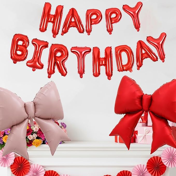 Vuzvuv Red Happy Birthday Balloons, 38 Inches Huge Pink Bow Aluminum Foil - Image 6