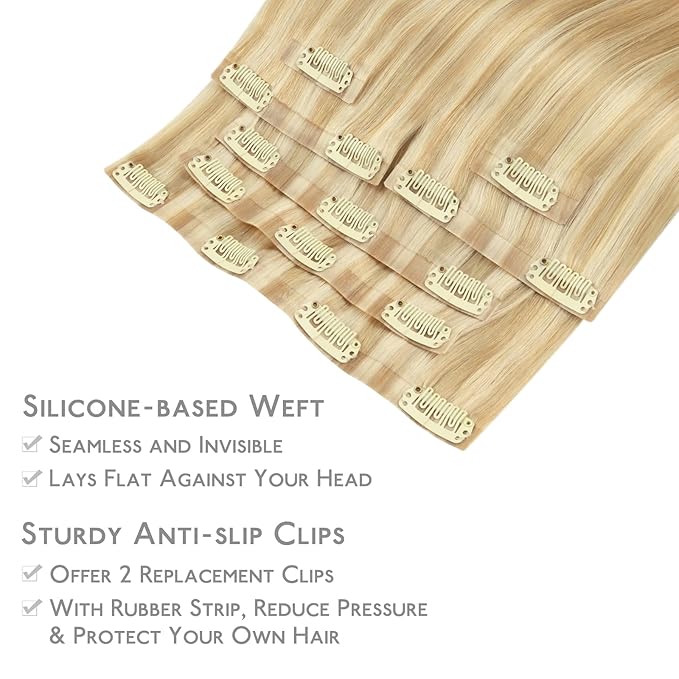 WENNALIFE Seamless Clip In Hair Extensions, 22 Inch 7pcs 150g Light Blonde Highlighted Golden Blonde Hair Extensions Clip In Real Human Hair Extensions Invisible PU Weft Human