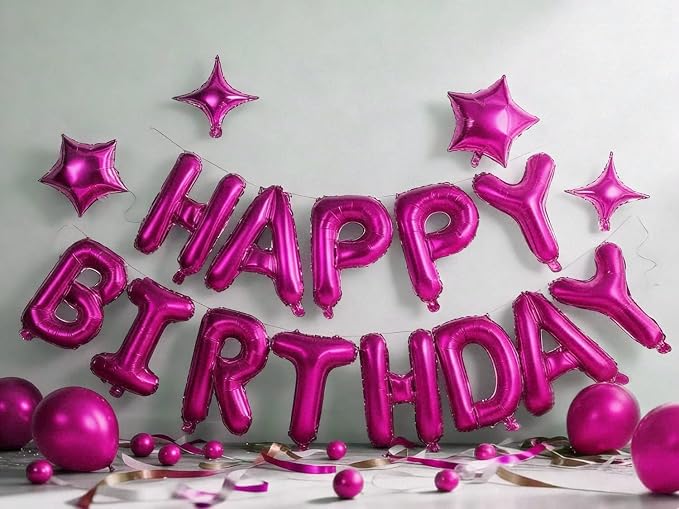 Hot Pink Happy Birthday Balloons Banner Sign Mylar letter Party Decoration | - Image 2