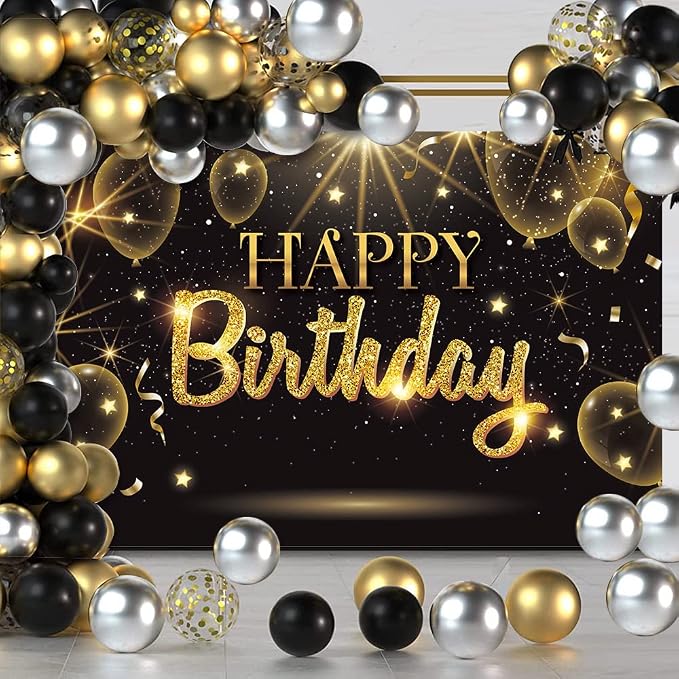 Black Gold Happy Birthday Party Decorations Backdrop - Image 2