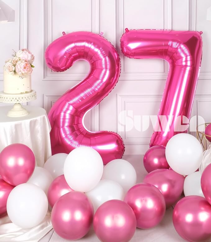 SUWEN 40 Inch Hot Pink Large 27 Balloon Numbers Big Foil Helium 0-9 | Jumbo - Image 2