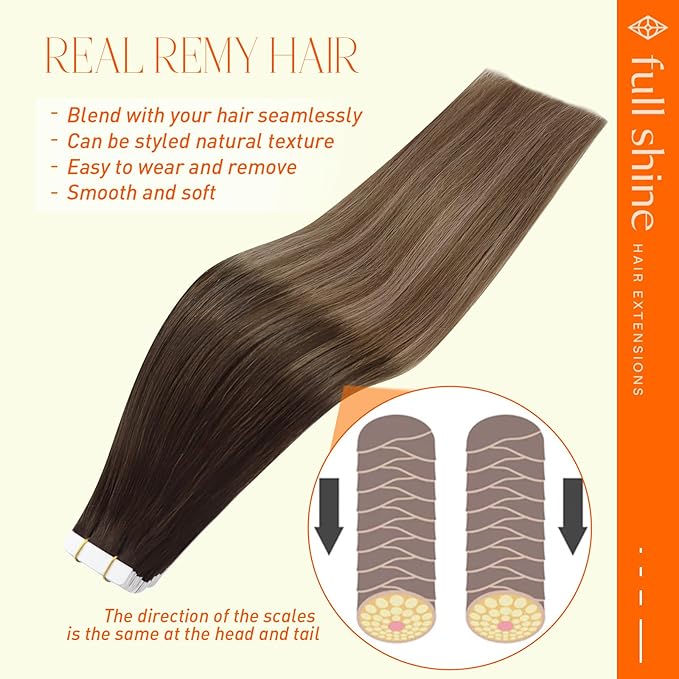 Full Shine Tape in Hair Extensions Human Hair 14Inch Color 2 Fading to 6 and 18 Ash Blonde Hair Extensions Tape in Highlighted Tape in Extensions Straight Seamless Tape Extensions 20Pcs 50G