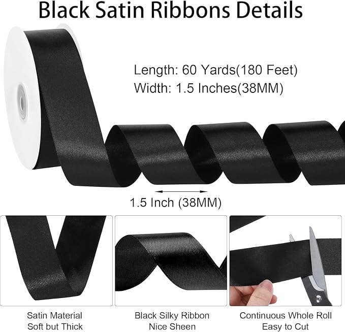 woric Black Satin Ribbon 1 1/2 inch 60 Yards - Image 2