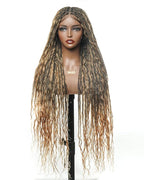 Human Hair Boho Curls Hand-Tied HD Full Lace Wig - 36" Salon-Level Small Box Synthetic Braids (121 Braids, High Density) Pre-Cut Swiss HD Lace, Pre-Plucked, Tangle-Free - 1B/27 Honey Blond