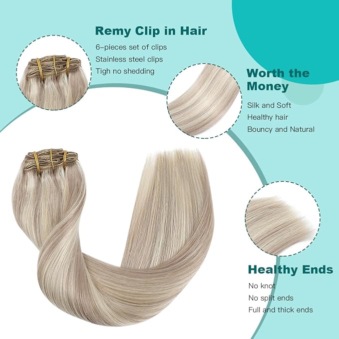 SURNEL Blonde Clip in Extensions 18 inch Ash Blonde Highlights Bleach Blonde Clip in Hair Extensions 120g 6pcs(#18/613,18")