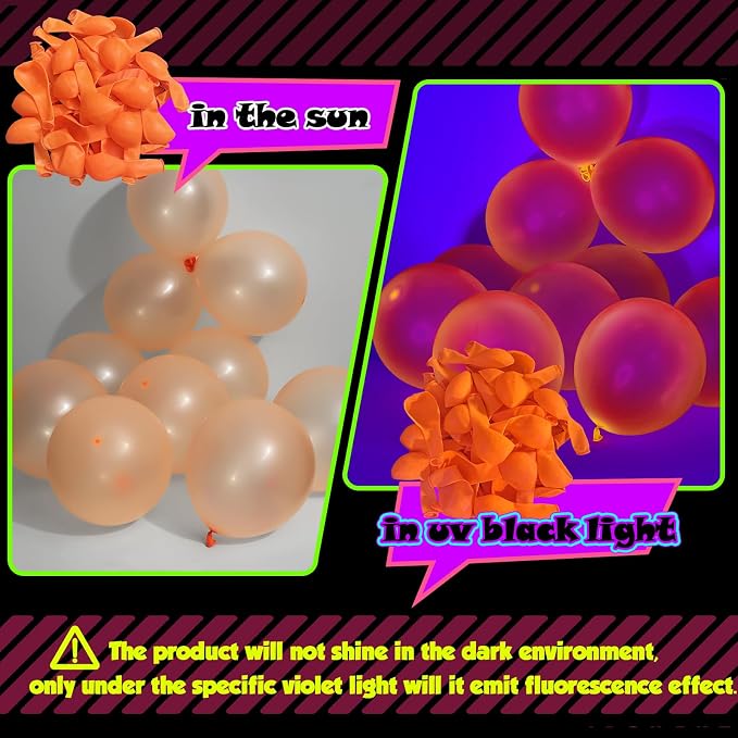 100 Pcs UV Neon Orange Balloons 12 inch Neon Party Supplies, Glow in the Dark - Image 4