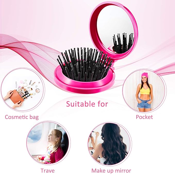 Boao 2 Pack Foldable Travel Mirror Hair Brushes Round Portable Folding Pocket Hair Brush Mini Comb Compact Travel Size Massage Comb for Men Women (Black, Rose Red)
