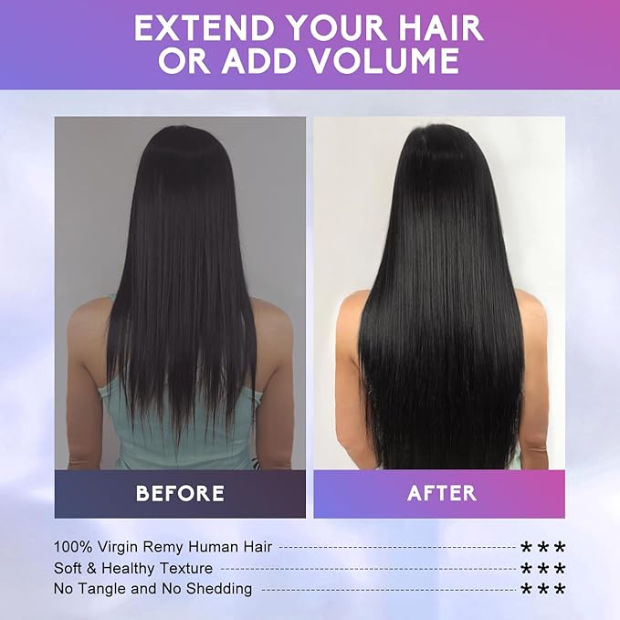 Clip in Hair Extensions Real Human Hair, 16 Inch 90g, 1B Natural Black, Invisible Seamless Straight Remy Human Hair Extensions Cip ins for Women 8pcs Per Set with Double Weft